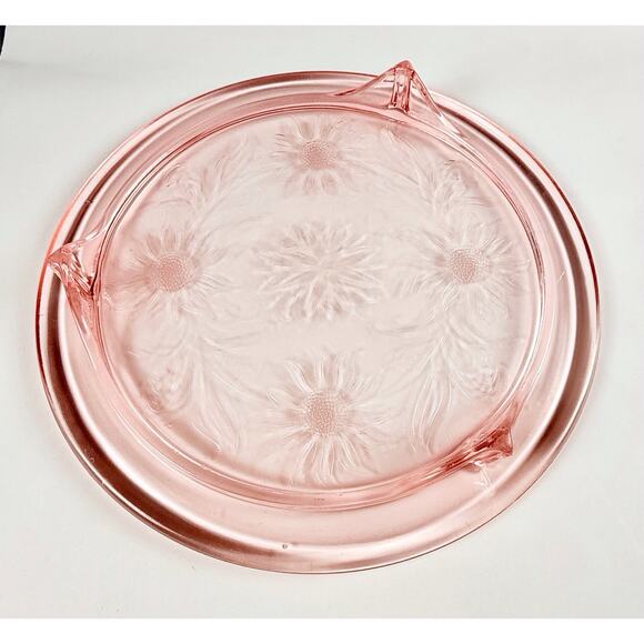Vintage Jeanette Glass Pink Depression Glass Sunflower Footed Cake Plate - Picture 3 of 9